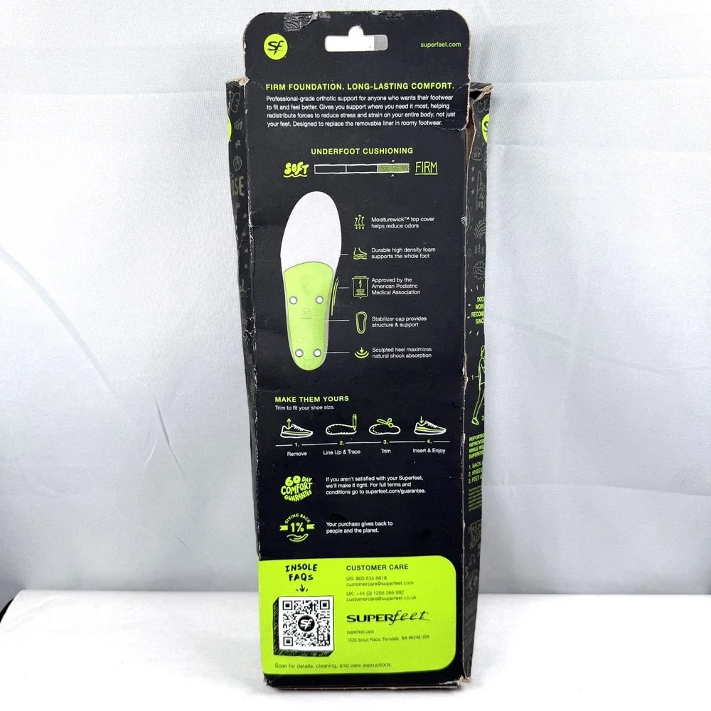 Superfeet All-Purpose (Green) Support High Arch Insole Size F / Men's 11.5 - 13